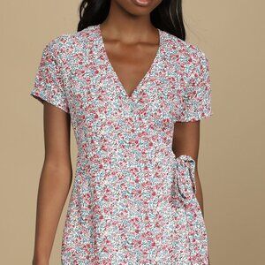 NWT Lulus Playing Around Cream Multi Floral Print Wrap Skort Romper (sz SM)